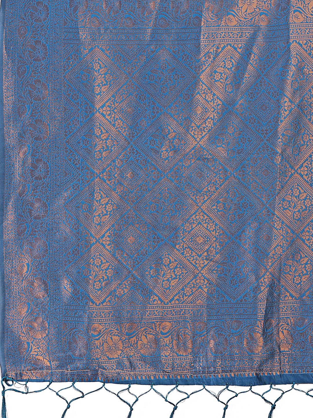Radiant Lichi Silk Saree with Geometric Patterns in Deep-Red Teal-Blue