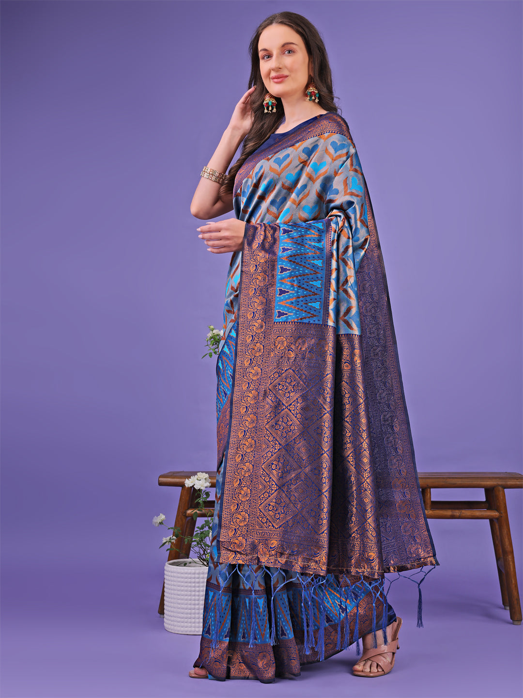 Radiant Lichi Silk Saree with Geometric Pattern in Blue Copper Grey