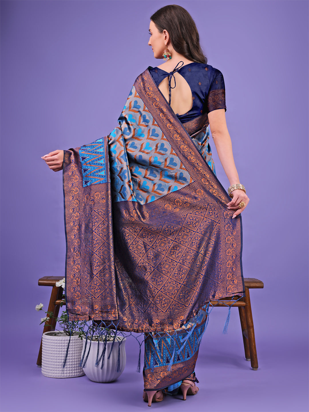 Radiant Lichi Silk Saree with Geometric Pattern in Blue Copper Grey