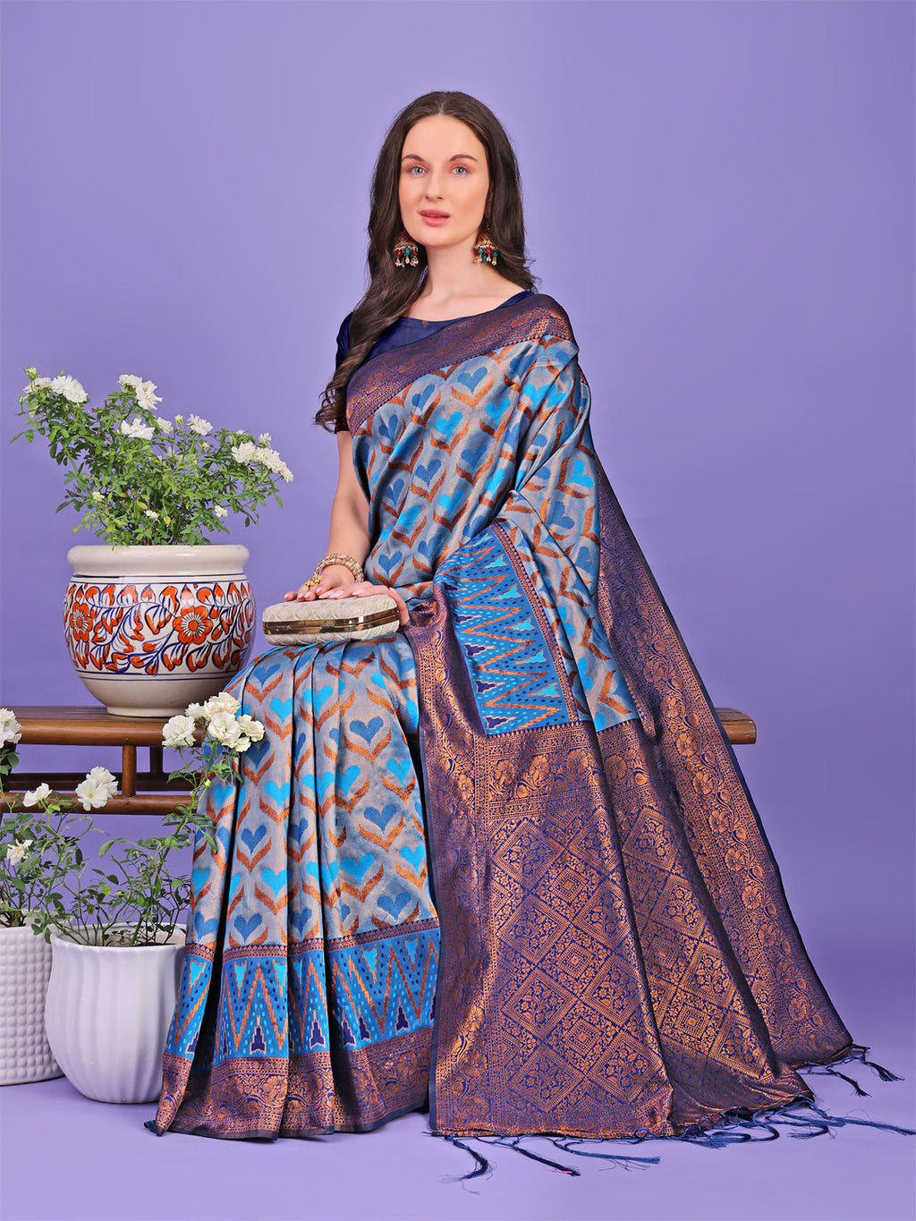 Radiant Lichi Silk Saree with Geometric Pattern in Blue Copper Grey