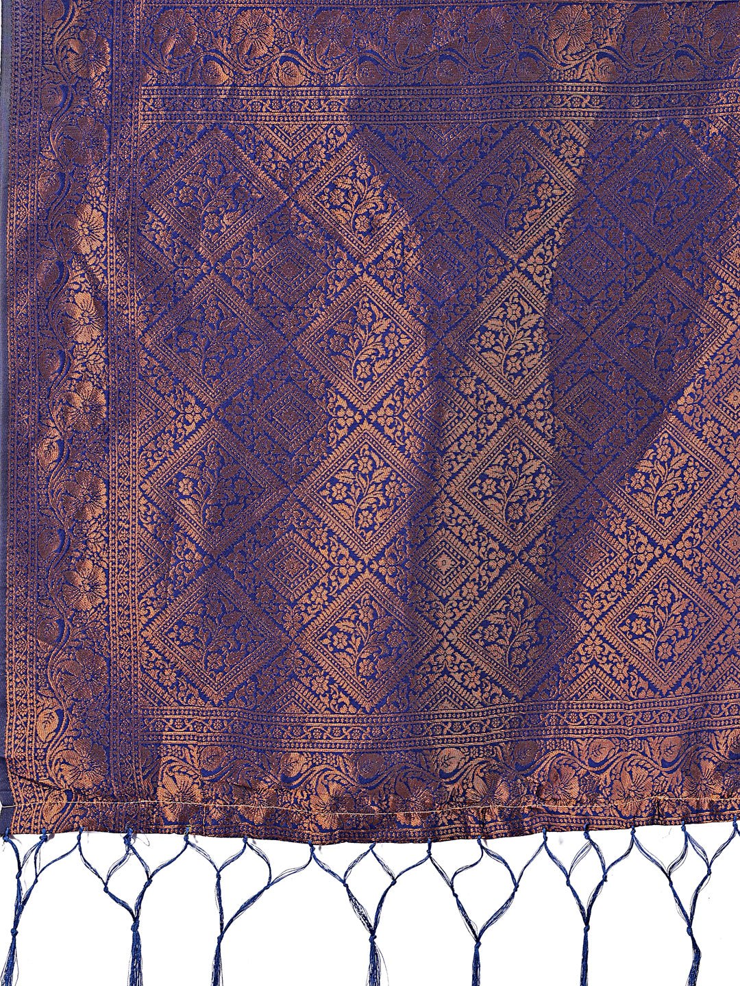 Radiant Lichi Silk Saree with Geometric Pattern in Blue Copper Grey