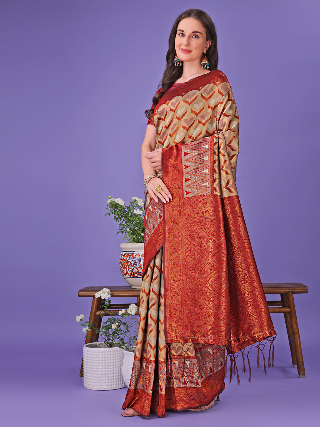 Radiant Lichi Silk Saree in Beige and Red with Gold Accents