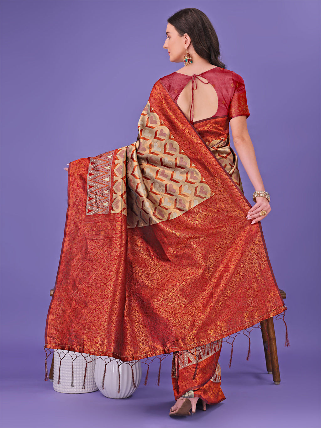 Radiant Lichi Silk Saree in Beige and Red with Gold Accents