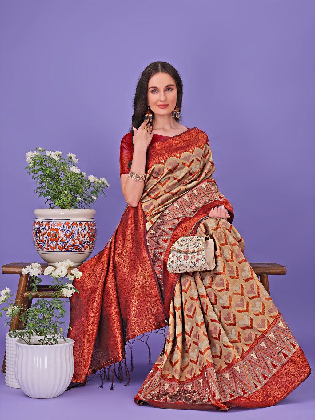 Radiant Lichi Silk Saree in Beige and Red with Gold Accents