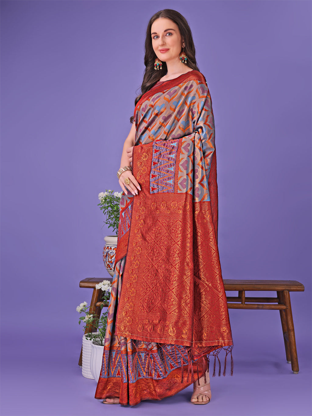 Radiant Lichi Silk Saree in Maroon and Blue with Geometric Gold Print