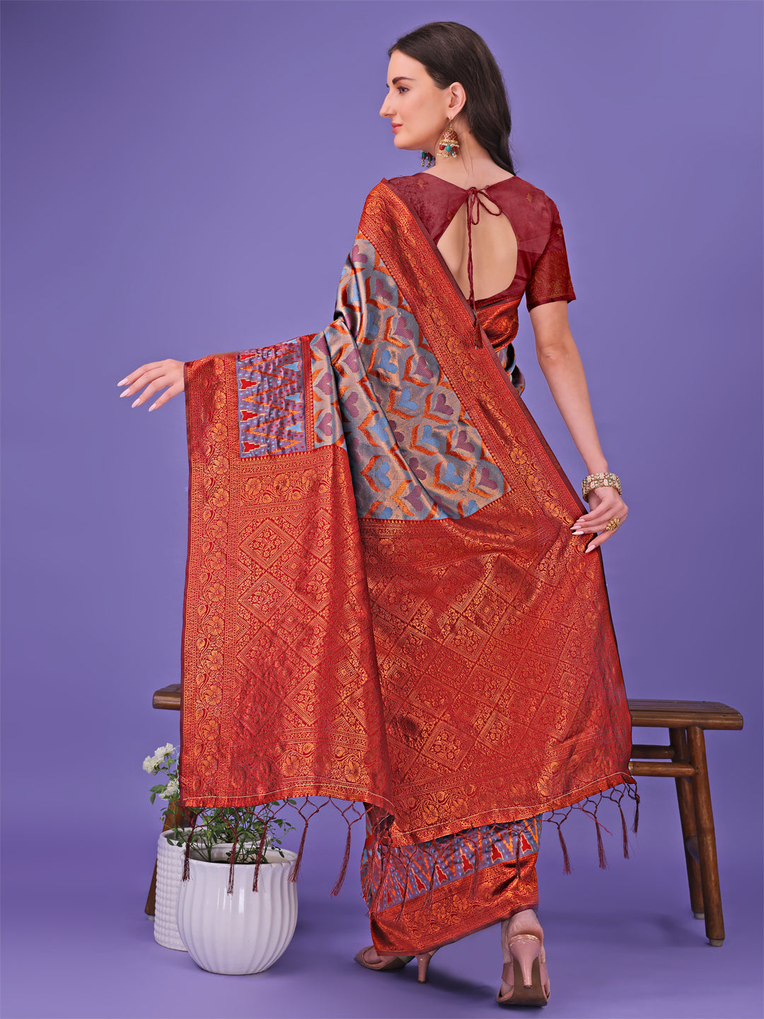 Radiant Lichi Silk Saree in Maroon and Blue with Geometric Gold Print