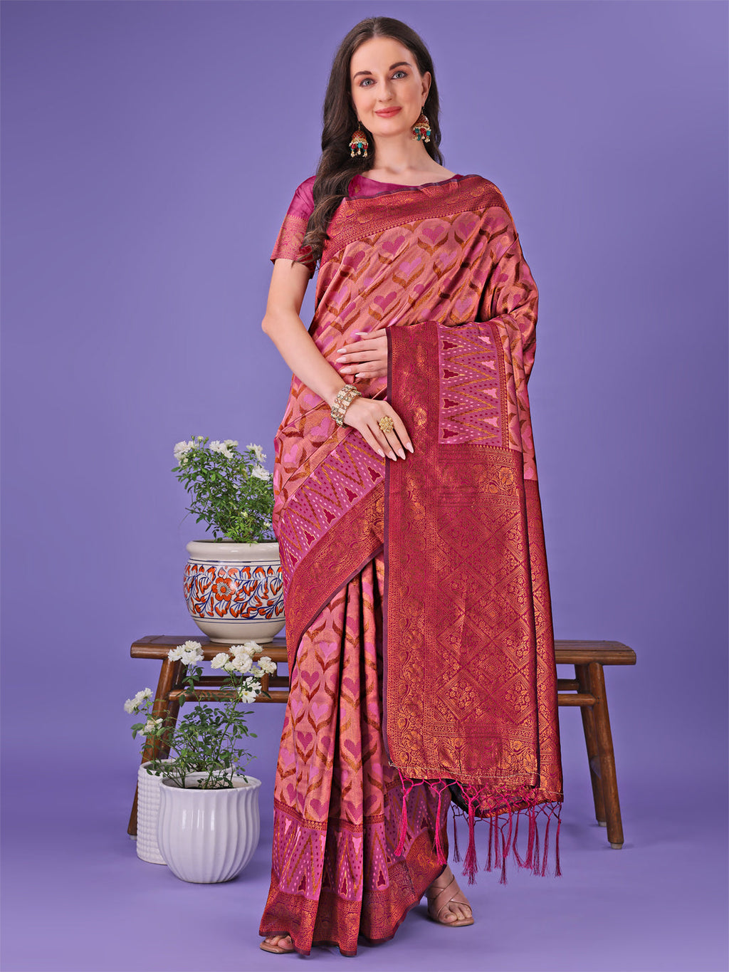 Elegant Pink and Maroon Lichi Silk Saree featuring a traditional geometric pattern.