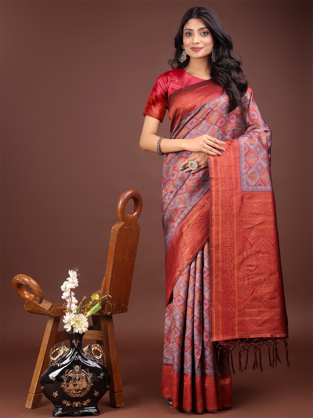 Majestic red and grey silk saree with rich woven pallu and detailed motifs