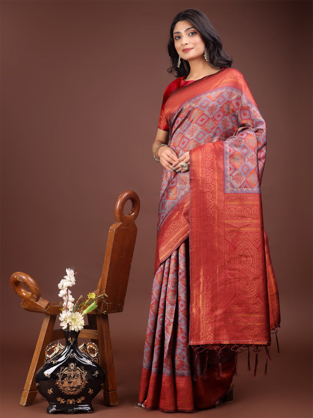 Majestic Red and Grey Silk Saree with Rich Woven Pallu