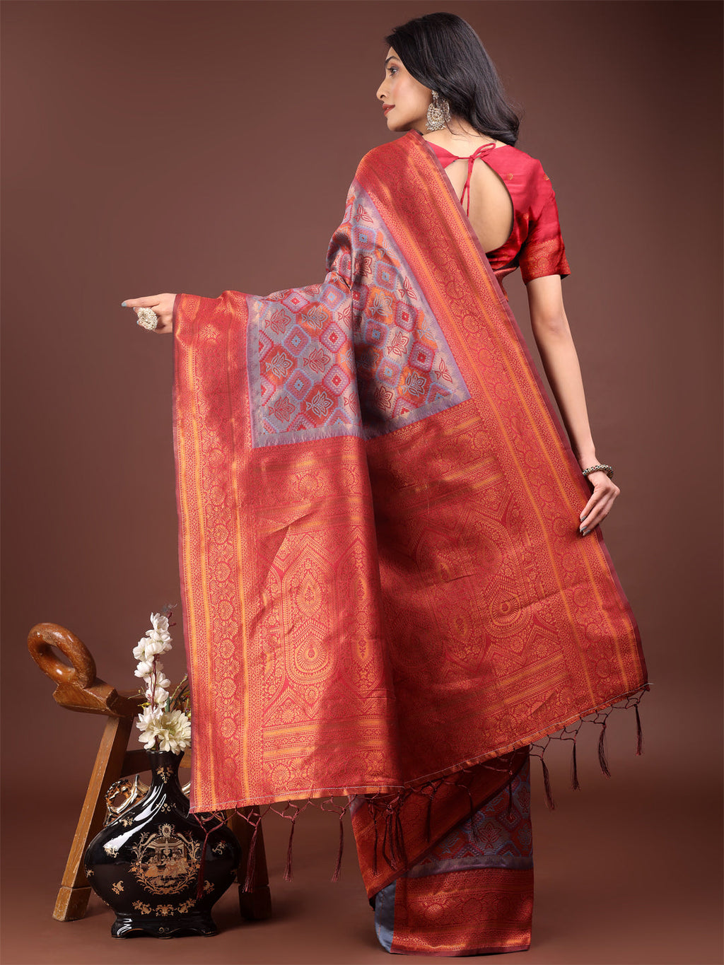 Majestic Red and Grey Silk Saree with Rich Woven Pallu