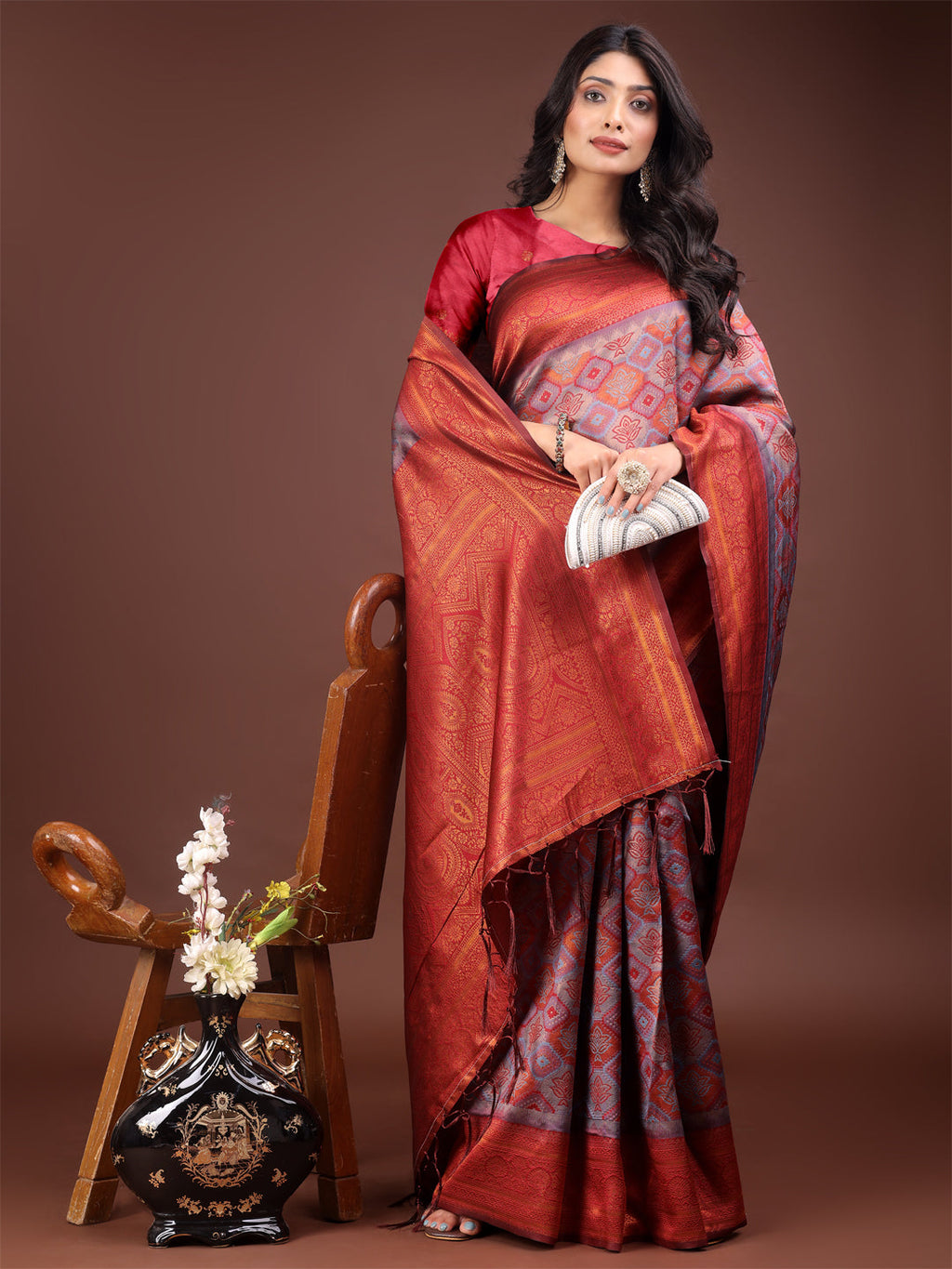 Majestic Red and Grey Silk Saree with Rich Woven Pallu