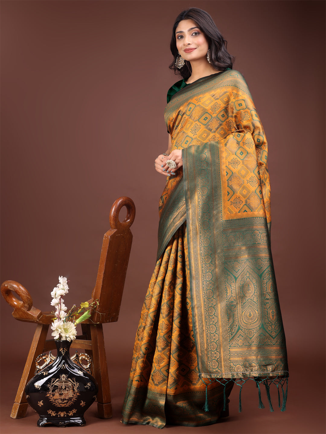 Majestic Green & Yellow Silk Saree with Rich Woven Pallu