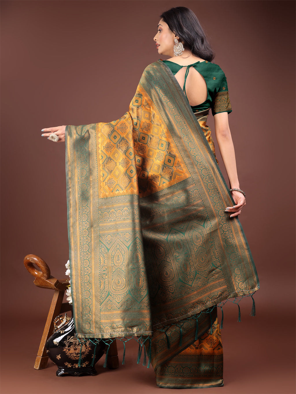Majestic Green & Yellow Silk Saree with Rich Woven Pallu