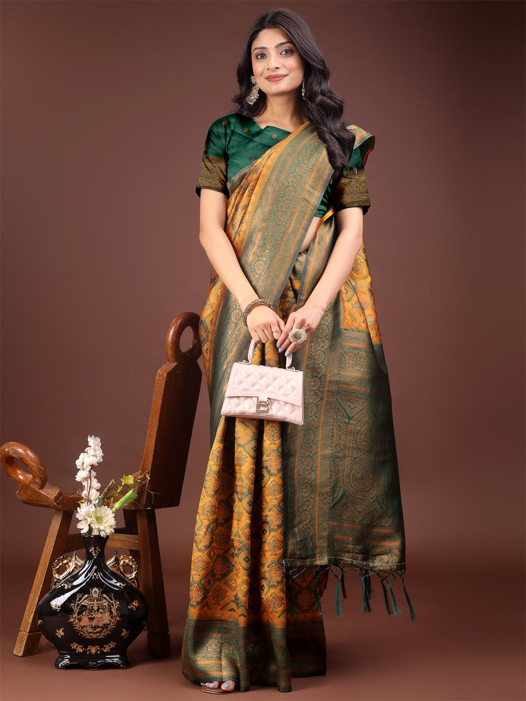 Majestic Green & Yellow Silk Saree with Rich Woven Pallu