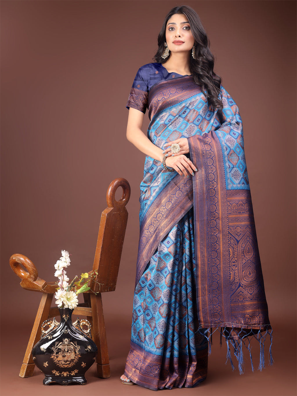 Majestic Red and Sky Blue silk saree with intricate woven pallu and border