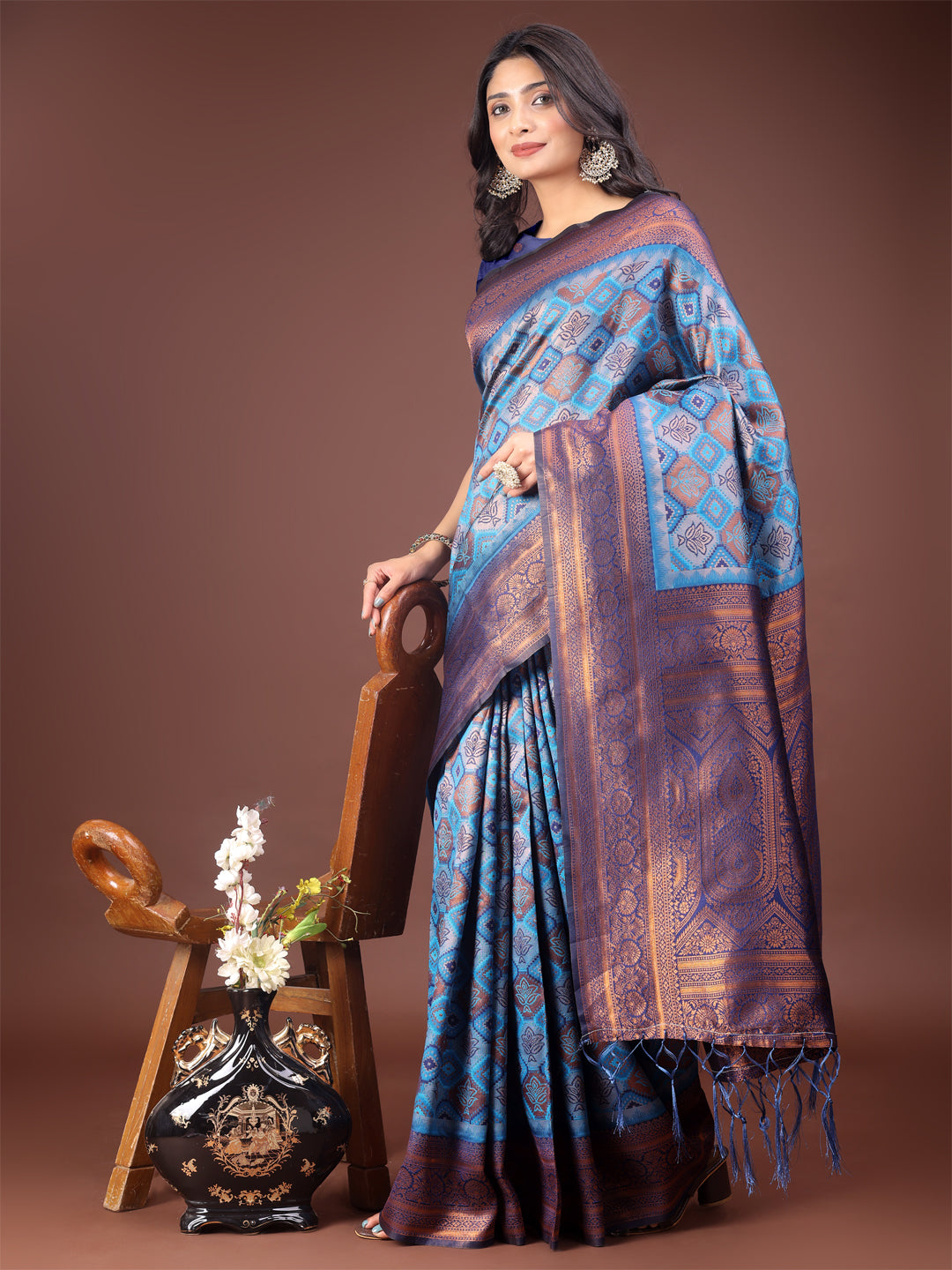 Majestic Red and Sky Blue Silk Saree with Rich Woven Pallu