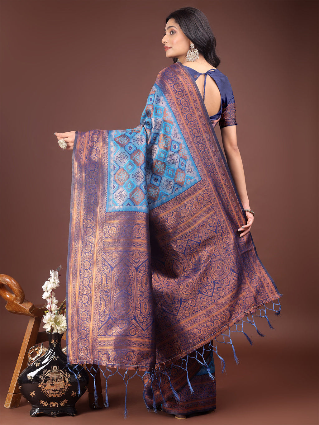 Majestic Red and Sky Blue Silk Saree with Rich Woven Pallu