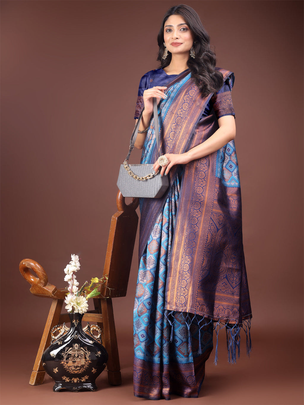 Majestic Red and Sky Blue Silk Saree with Rich Woven Pallu