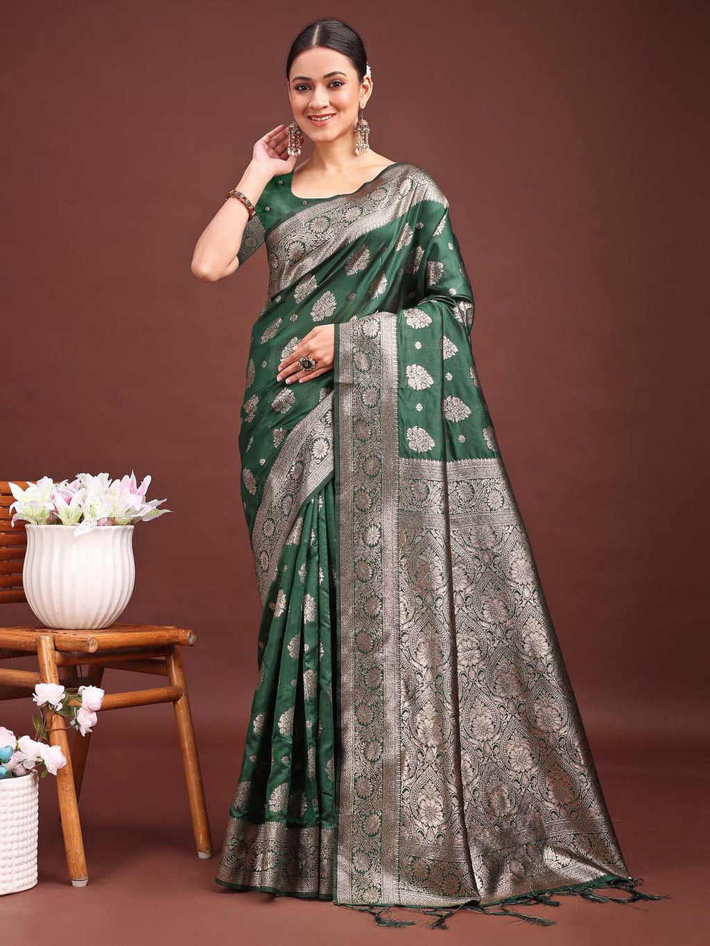 Dark Green Banarasi Silk Saree with Traditional Zari Weaving
