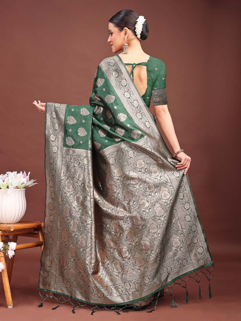 Dark Green Banarasi Silk Saree with Traditional Zari Weaving