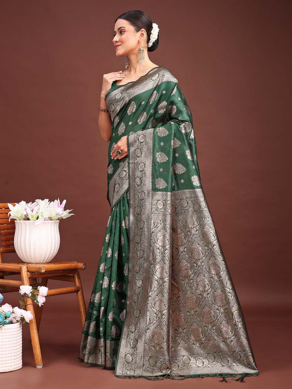 Dark Green Banarasi Silk Saree with Traditional Zari Weaving