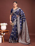 Navy blue Banarasi silk saree with detailed golden zari weaving.