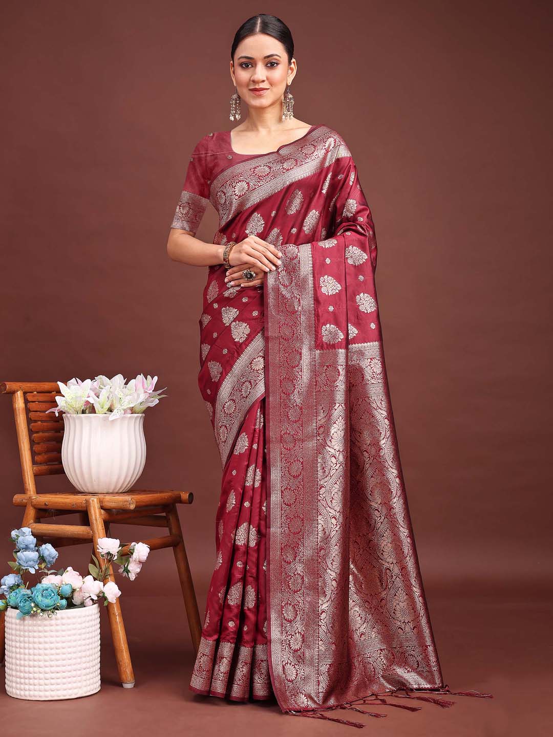 Maroon Banarasi Silk Saree with Luxurious Zari Weaving