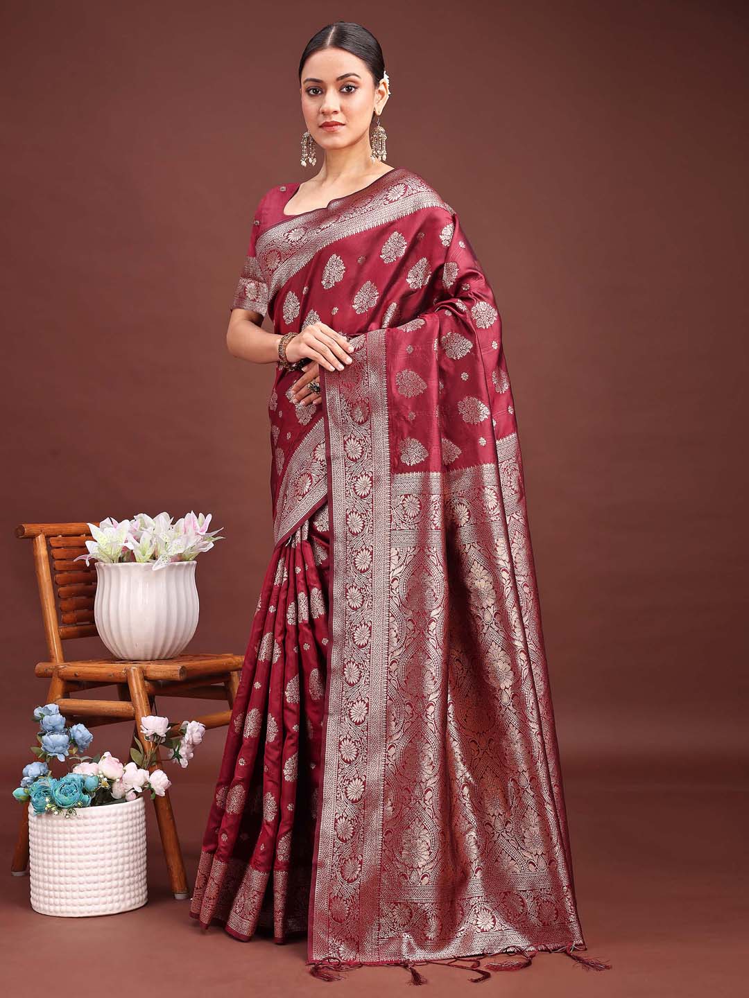 Maroon Banarasi Silk Saree with Luxurious Zari Weaving