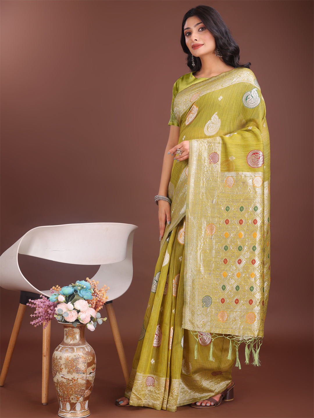Olive Green Linen Cotton Saree with Zari Border and Motifs