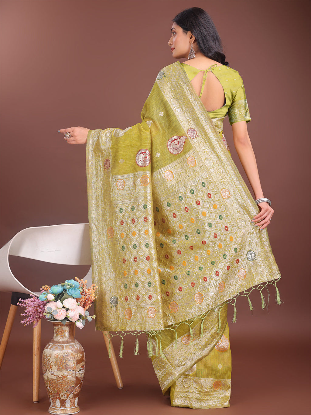 Olive Green Linen Cotton Saree with Zari Border and Motifs