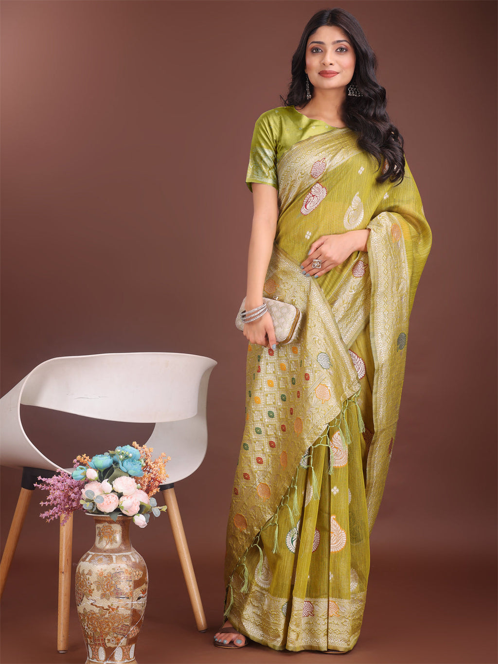 Olive Green Linen Cotton Saree with Zari Border and Motifs
