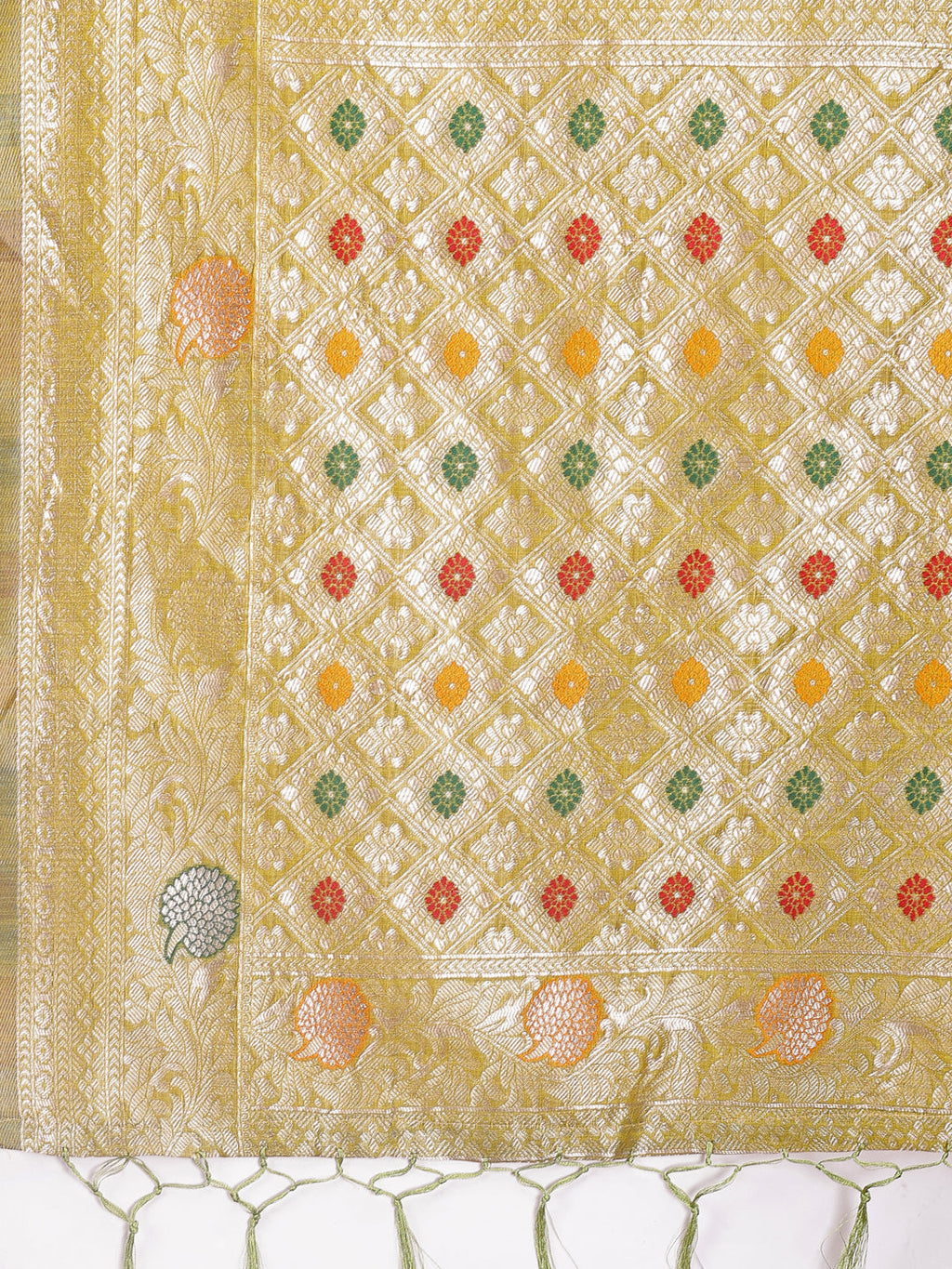 Olive Green Linen Cotton Saree with Zari Border and Motifs