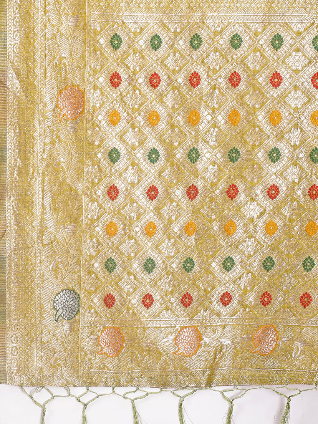 Olive Green Linen Cotton Saree with Zari Border and Motifs