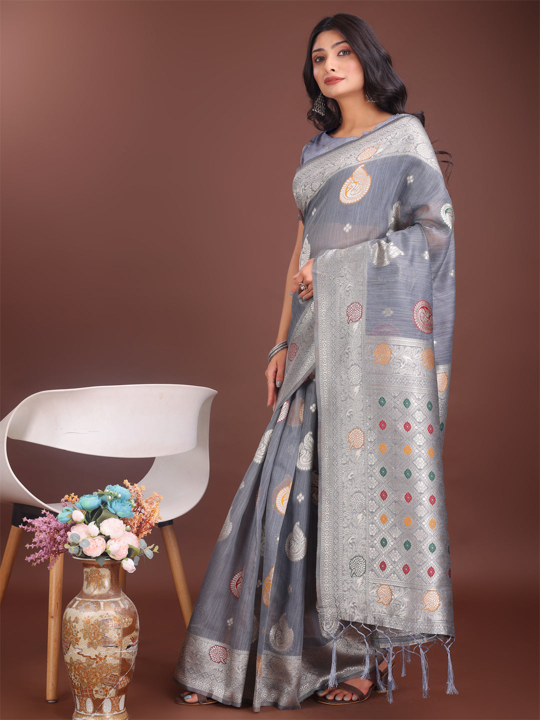 Elegant Grey Linen Cotton Saree with Zari Border and Motifs