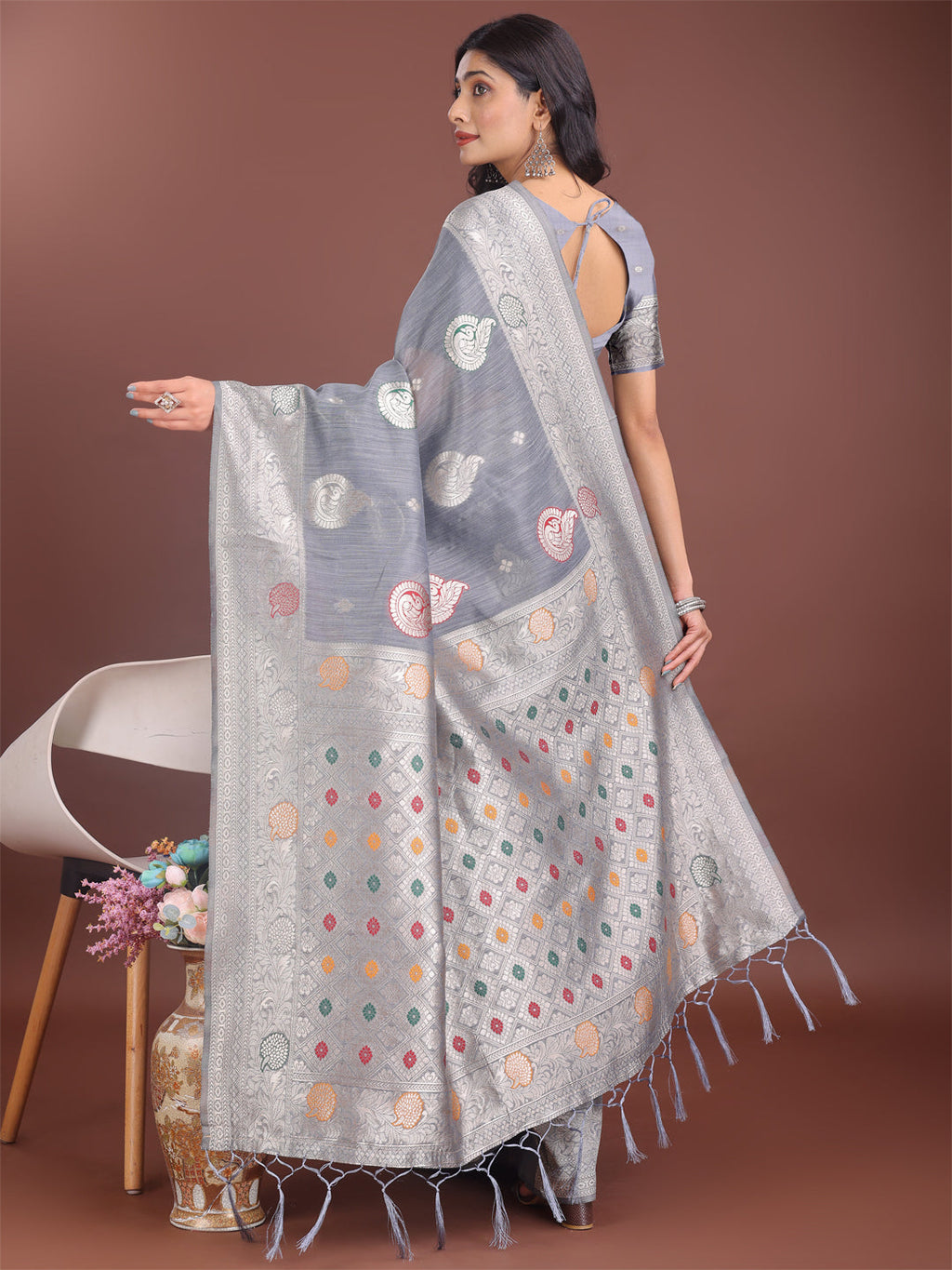 Elegant Grey Linen Cotton Saree with Zari Border and Motifs