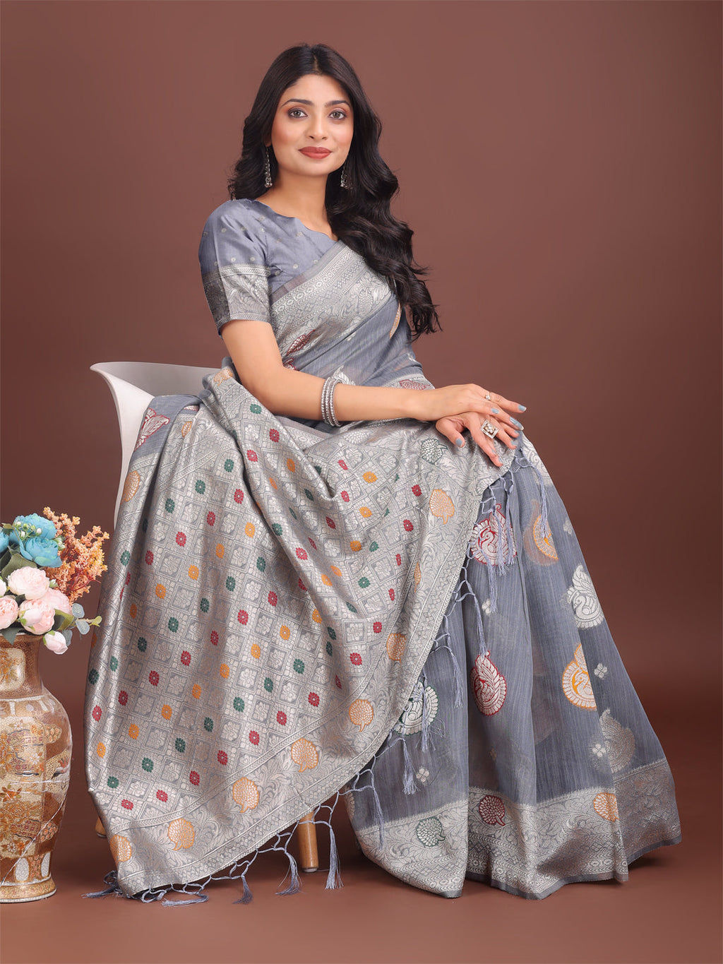 Elegant Grey Linen Cotton Saree with Zari Border and Motifs