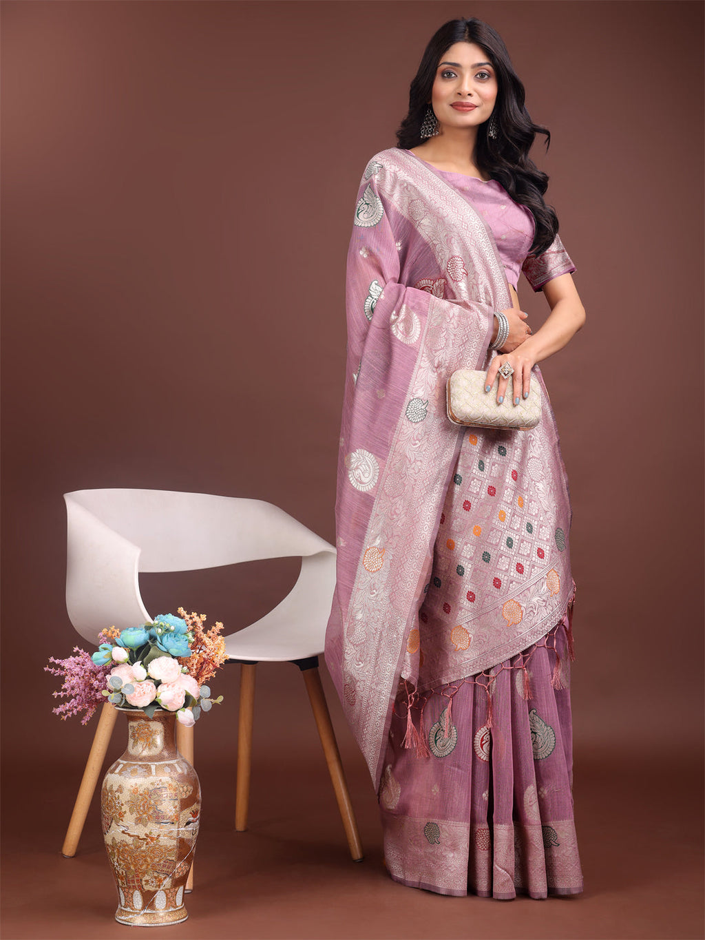 Shree Shyam Fashion Elegant Purple Linen Cotton Saree with Zari Border & Woven Motifs - Perfect for Sophisticated Everyday & Festive Looks