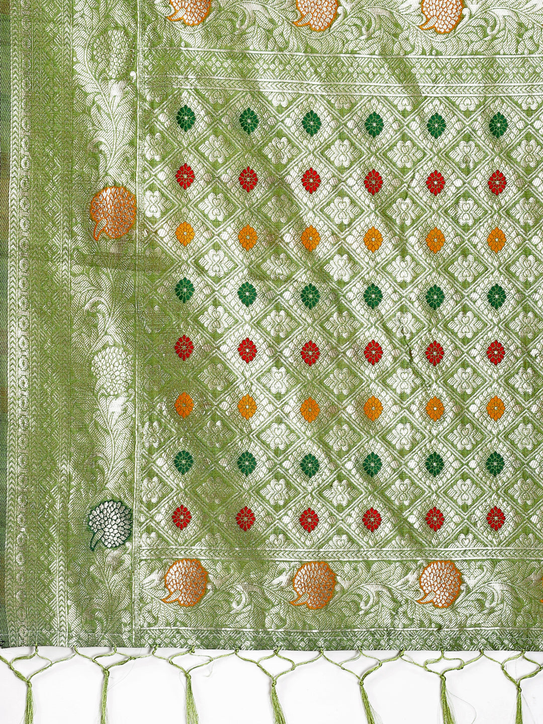 Shree Shyam Fashion Elegant Light Green Linen Cotton Saree with Zari Border & Woven Motifs - Perfect for Sophisticated Everyday & Festive Looks