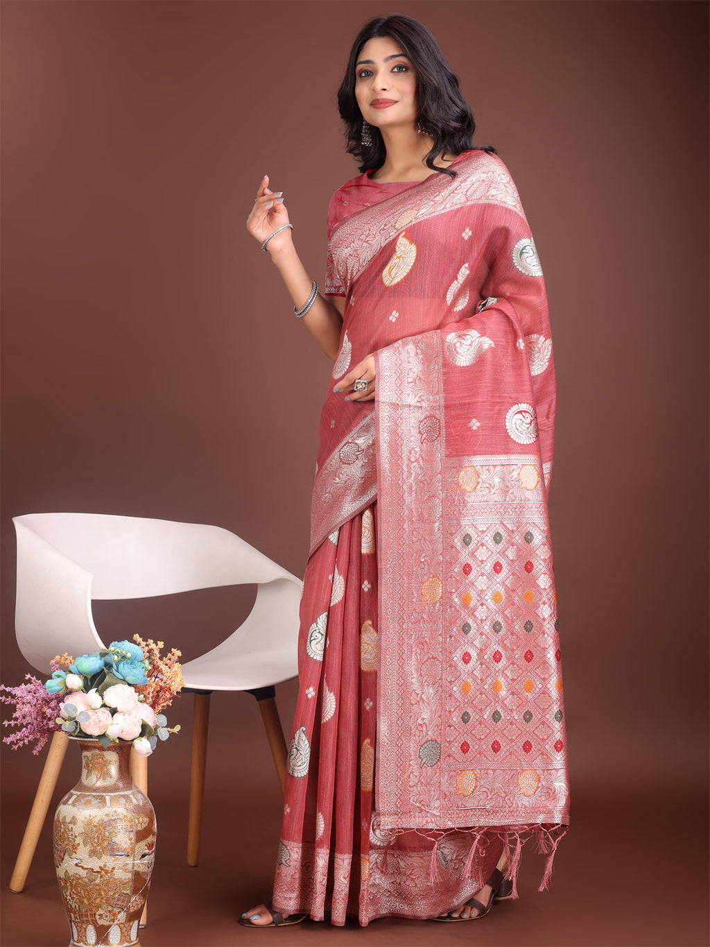 Pink Linen Cotton Saree with Zari Border and Woven Motifs