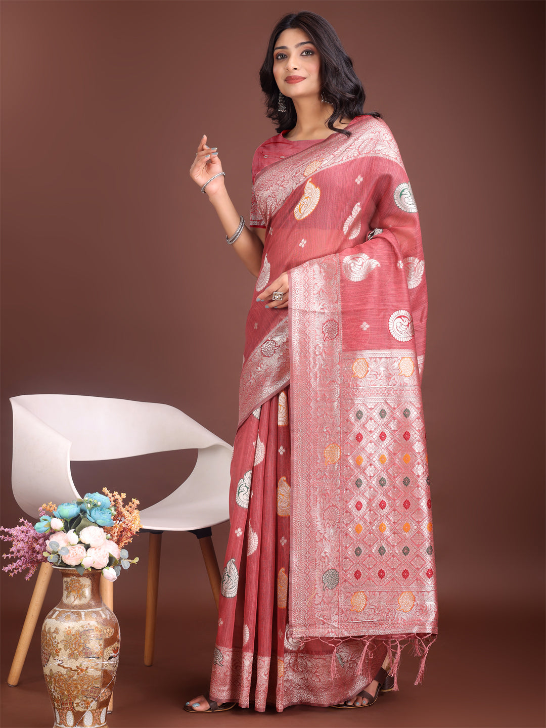 Pink Linen Cotton Saree with Zari Border and Woven Motifs