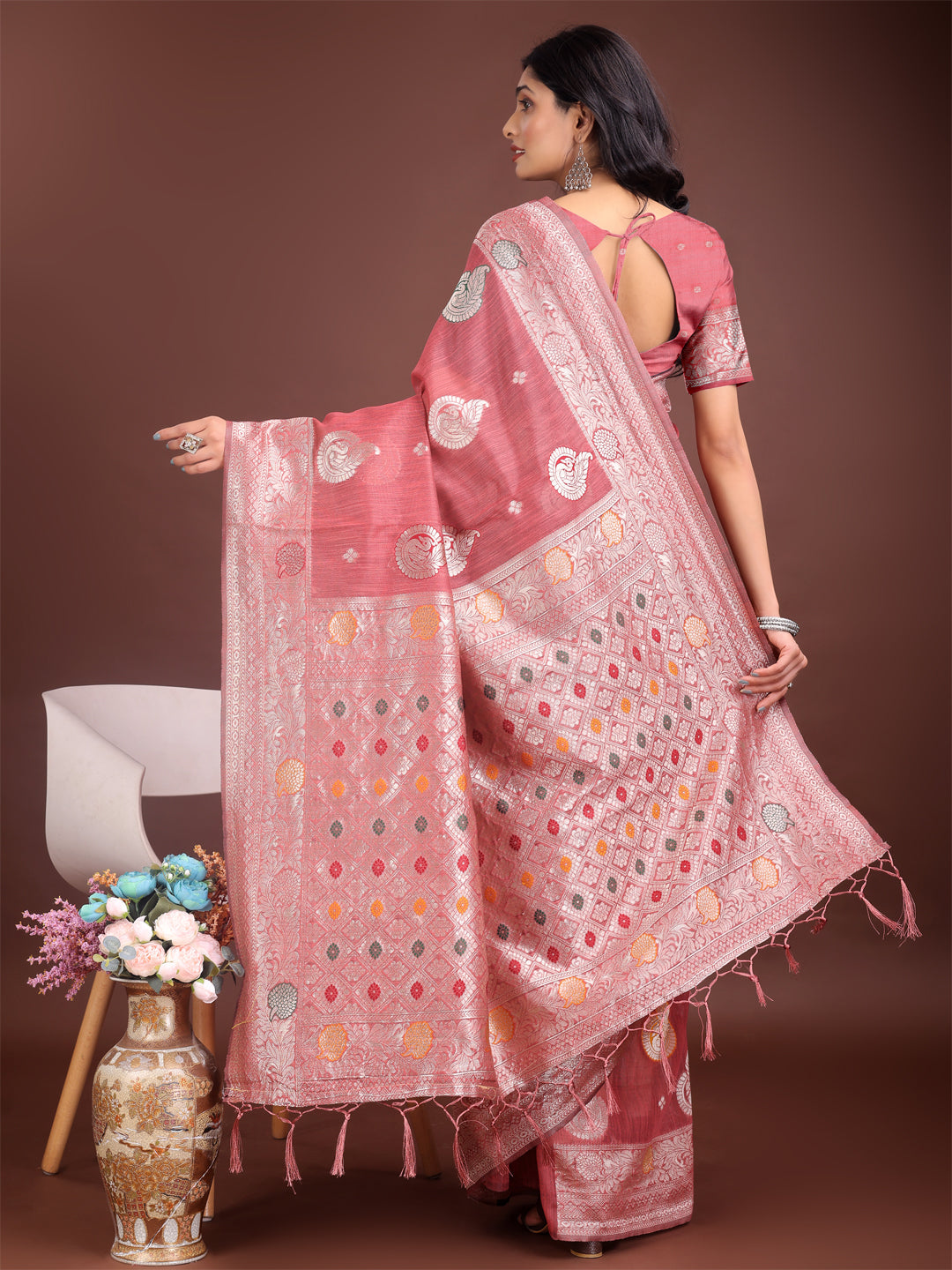 Pink Linen Cotton Saree with Zari Border and Woven Motifs