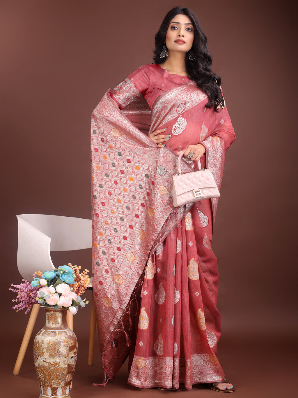 Pink Linen Cotton Saree with Zari Border and Woven Motifs
