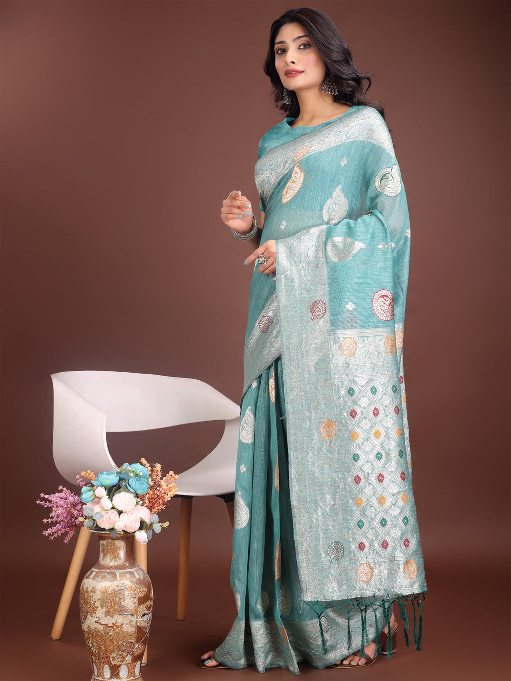 Sea Green Linen Cotton Saree with Zari Border & Motifs