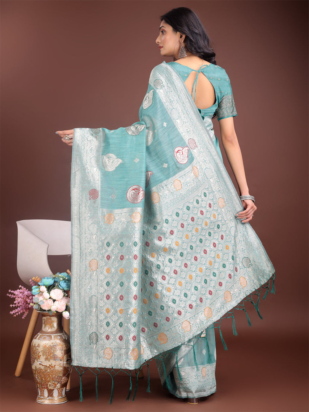 Sea Green Linen Cotton Saree with Zari Border & Motifs