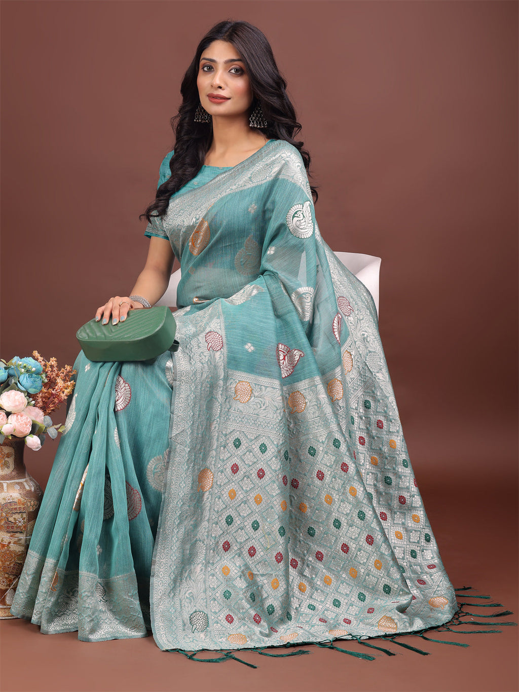 Sea Green Linen Cotton Saree with Zari Border & Motifs