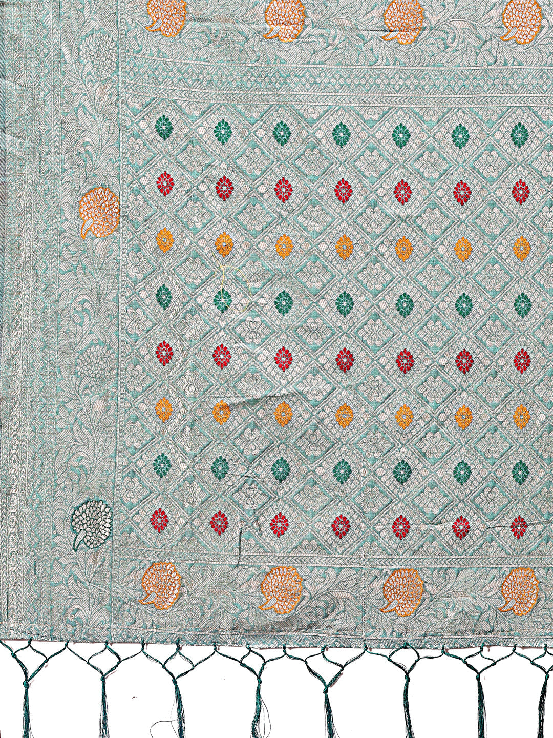 Sea Green Linen Cotton Saree with Zari Border & Motifs