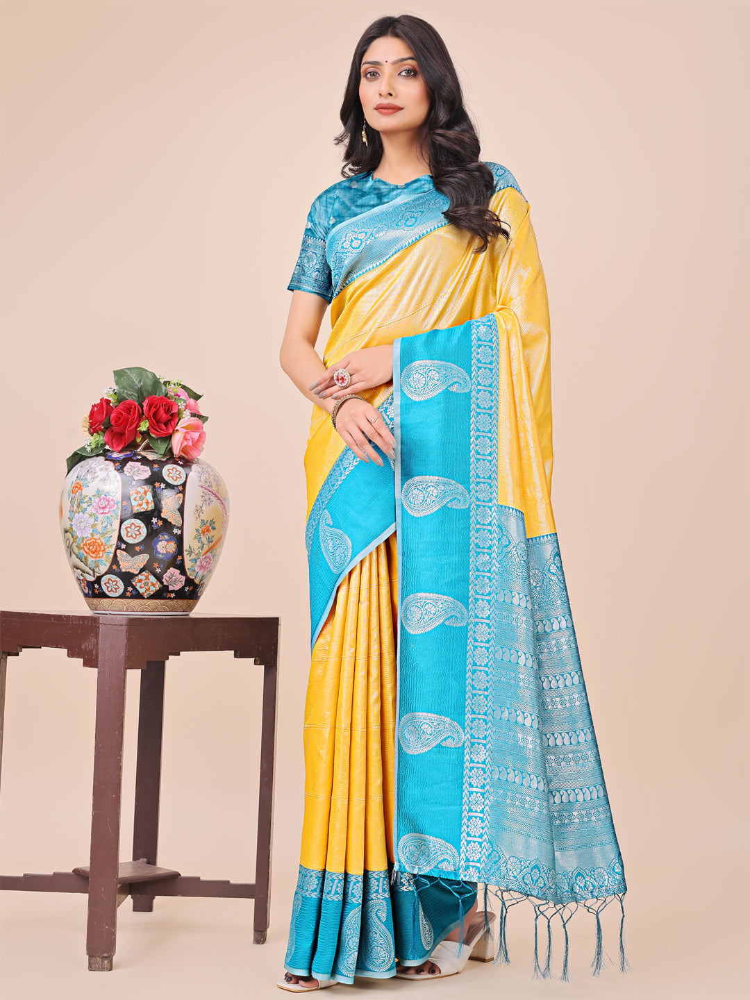Light & Dark Yellow Silk Saree with Woven Paisley Pallu