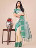 Dual-tone cream silk saree with an intricately woven border and paisley pallu