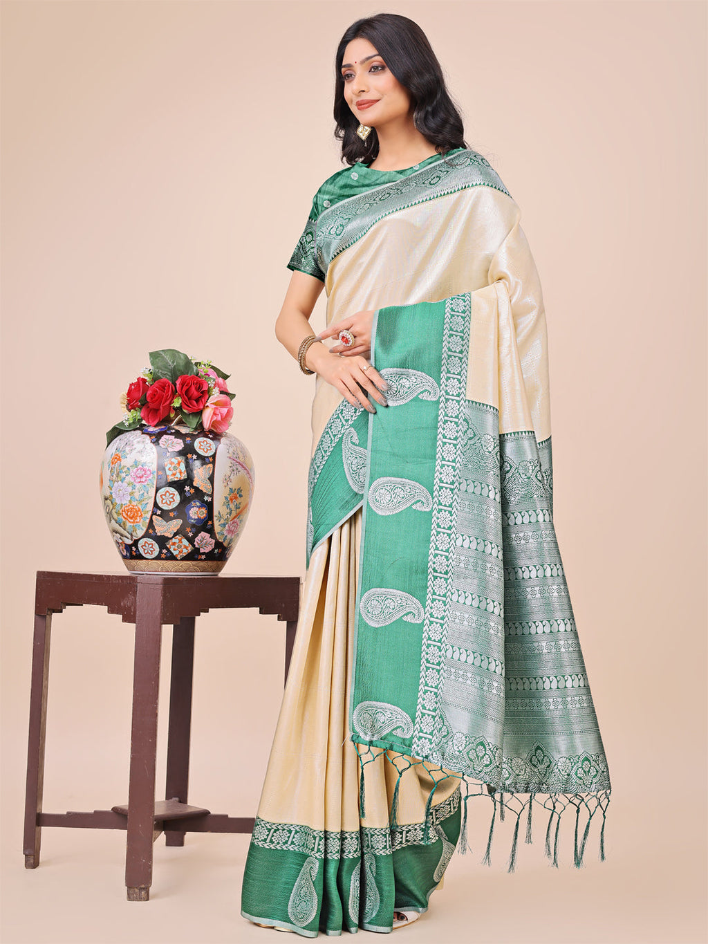 Light & Dark Cream Silk Saree with Rich Woven Border