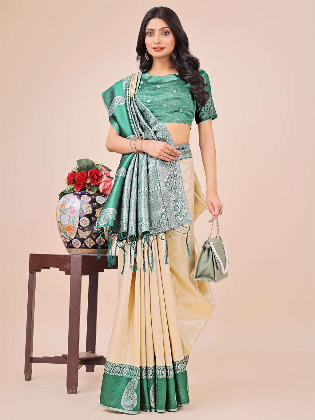 Light & Dark Cream Silk Saree with Rich Woven Border